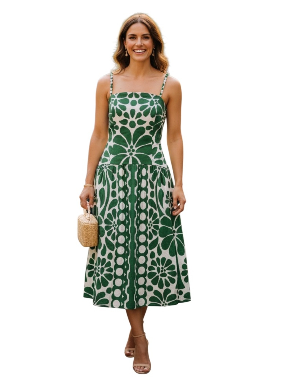 Caroline Constas Green and Cream Floral Midi Dress